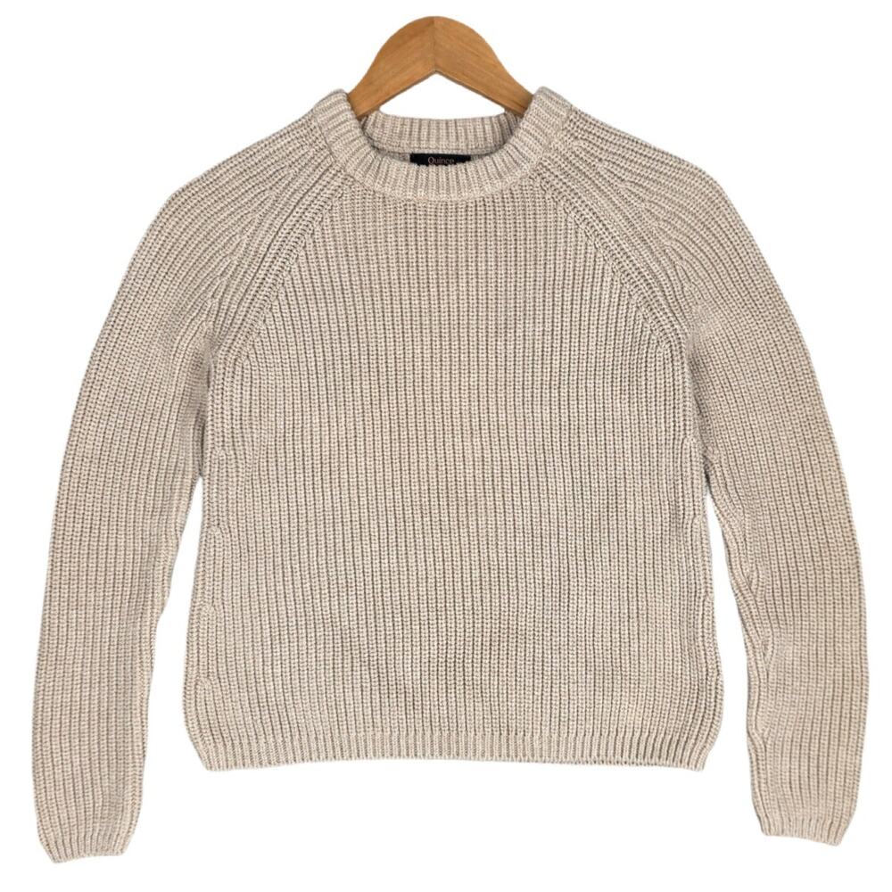 QUINCE WOMEN'S 100% ORGANIC COTTON FISHERMAN CREW SWEATER – CAMEL/BEIGE – SIZE S